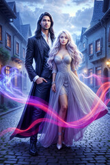 Romantic Fantasy Couple in Medieval and Magical Settings, Elegant Man and Woman in Historical Outfits, Royal Fairytale Aesthetic with Castles, Gardens, and Enchanted Atmosphere