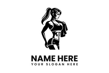 Fitness logo design featuring a muscular woman with a towel over her shoulder.