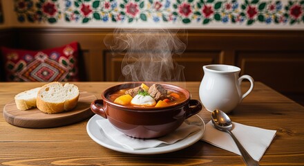 Obraz premium Hungarian Heartiness: Goulash Soup in a Budapest Tavern