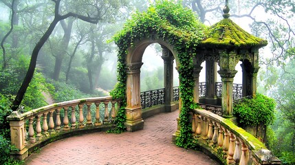 Old shrine gate blanketed with moss and ivy, shrouded in morning mist within a tranquil wooded area