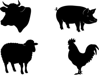 Obraz premium Livestock animals silhouette collection vector illustration farm animals cow pig sheep and rooster art editable