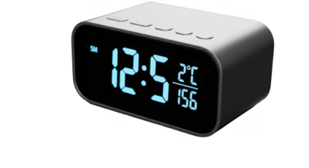 A modern digital clock displays the time, temperature, and date on a black screen.