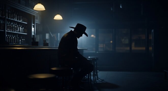 Silhouette of a Man in Hat at Moody Bar with Bottles and Soft Lighting