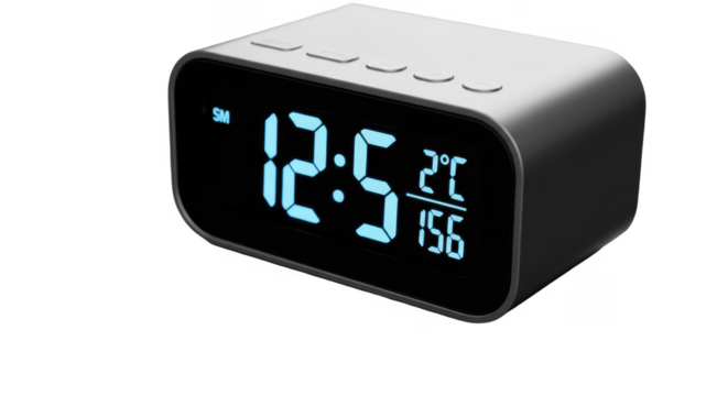 A modern digital clock displays the time, temperature, and date on a black screen.