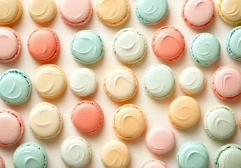 Colorful macarons arranged neatly on a light background.