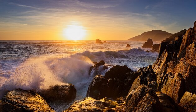 golden hour coastal scene ocean waves crashing on rocky shore at sunrise - Powered by Adobe