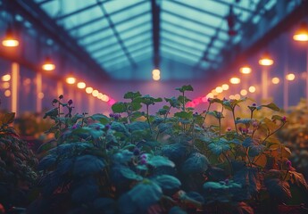 Lush plants illuminated in a greenhouse at dusk.