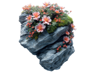 A rock with pink flowers on it