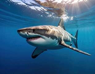 Fototapeta premium Great white shark in deep blue ocean