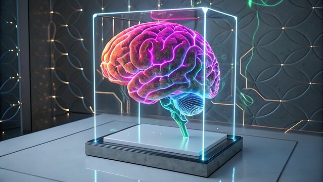 A colorful brain in a glass box on a futuristic looking platform
