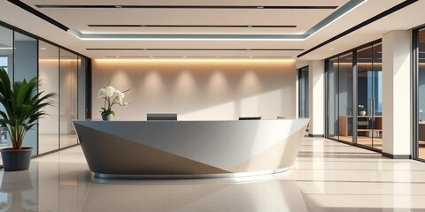 Fototapeta premium Sleek, minimalist reception desk in contemporary office, light, design