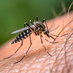 Close-up of a black and white striped mosquito feeding on human skin. The mosquito is detailed, showcasing its legs and wings against a blurred green background.