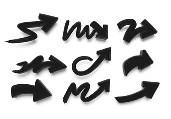 Collection of nine distinct black brush stroke arrows pointing in various directions on a white background