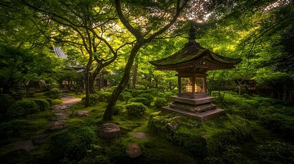 Fototapeta premium Forest shrine with a mossy stone lantern softly glowing under muted natural light, surrounded by tranquil trees and natural ground cover