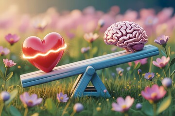 Glowing heart and brain on wooden balance scale in flower meadow, emotional intelligence vs logical thinking concept for mental health design