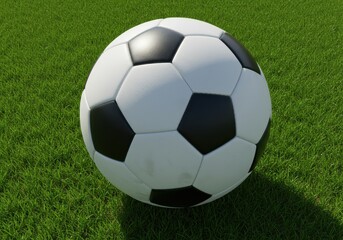 Fototapeta premium Classic black and white soccer ball rests on a lush green grass field under natural light