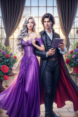 Romantic Fantasy Couple in Medieval and Magical Settings, Elegant Man and Woman in Historical Outfits, Royal Fairytale Aesthetic with Castles, Gardens, and Enchanted Atmosphere