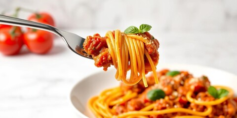 Forkful of spaghetti bolognese against white backdrop, isolated, foodie