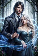 Romantic Fantasy Couple in Medieval and Magical Settings, Elegant Man and Woman in Historical Outfits, Royal Fairytale Aesthetic with Castles, Gardens, and Enchanted Atmosphere