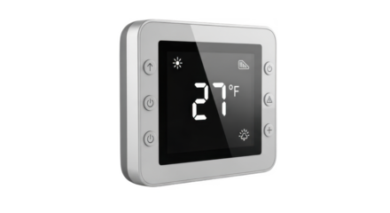 A modern, digital thermostat displays the current temperature in Fahrenheit.