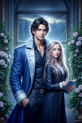 Romantic Fantasy Couple in Medieval and Magical Settings, Elegant Man and Woman in Historical Outfits, Royal Fairytale Aesthetic with Castles, Gardens, and Enchanted Atmosphere