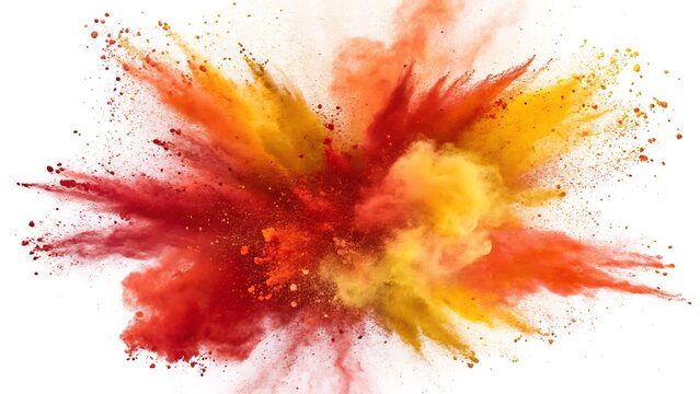Explosion of red orange and yellow powder against a white background - Powered by Adobe