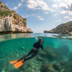 A young man with dark hair and a black wetsuit swims underwater in a clear blue sea. Coral reefs and rocky cliffs are visible in the background.