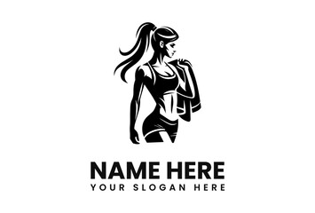 Strong athletic woman, ponytail, sports bra, towel, fitness logo design.