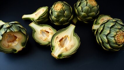 Fototapeta premium A still life of several artichokes on a dark surface with some cut in half revealing the inside flesh