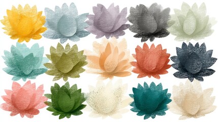 Stylized hand-drawn flowers arranged in a grid on white background with three rows, five flowers each, in yellow, blue, purple, gray, green, orange, red, white.