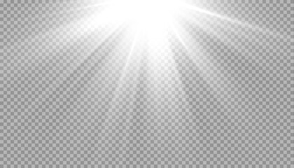 White glowing light explodes on a transparent background. with ray. Transparent shining sun, bright flash. 