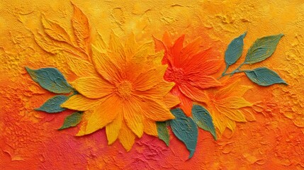 Vibrant textured painting featuring bold yellow and orange flowers with thick, three-dimensional petals, detailed green leaves,