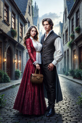 Romantic Fantasy Couple in Medieval and Magical Settings, Elegant Man and Woman in Historical Outfits, Royal Fairytale Aesthetic with Castles, Gardens, and Enchanted Atmosphere