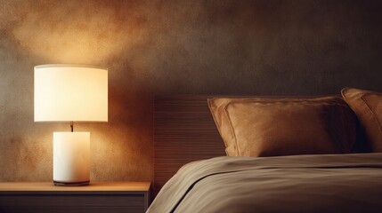 Warm-toned bedroom with ambient lighting from a soft white bedside lamp
