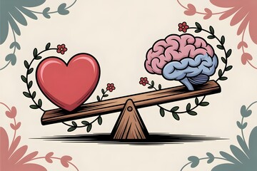 Heart vs brain balance scale illustration with floral decoration, emotional intelligence and logical thinking concept for mental health design