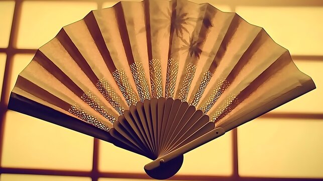 A delicate paper fan lies closed on a muted-toned zabuton cushion, bathed in soft natural light filtering through shoji screens on a windless afternoon