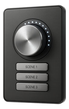 A programmable dimmer with preset scenes for a versatile entertainment room.