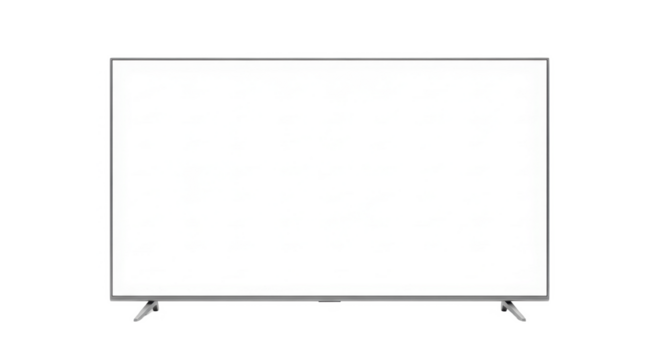 A large, flat-screen television sits on a white background.  Its slim silver bezel and simple stand are clearly visible.