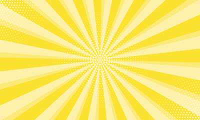 Radiant yellow background. Pop art comic book background. Sunburst yellow background with radial lines and halftone dots. 