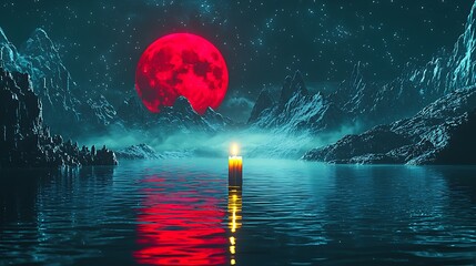 The deep red moon casts its glow over a peaceful lake where one candle drifts alone under a starlit sky