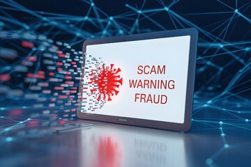 Laptop screen displaying scam warning fraud alert with red virus icon and pixel effects on blue digital network technology background