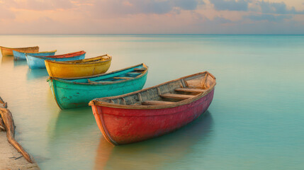 Naklejka premium Colorful wooden boats resting on calm turquoise waters at sunrise, creating a serene and picturesque coastal scene.