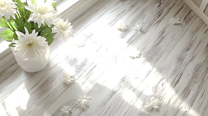 Softly illuminated worn wooden floor with scattered faded white chrysanthemum petals highlighting textures and subtle aging