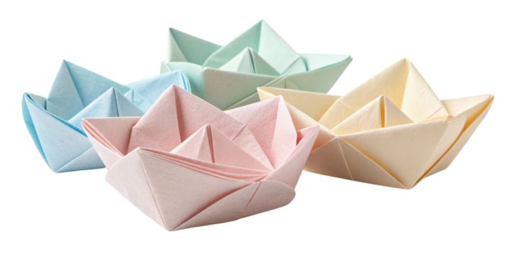 Colorful origami boats made from crumpled paper showcase creativity and craftsmanship, perfect for decoration or educational purposes
