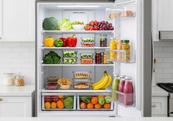 Refrigerator full of fresh colorful fruits and vegetables