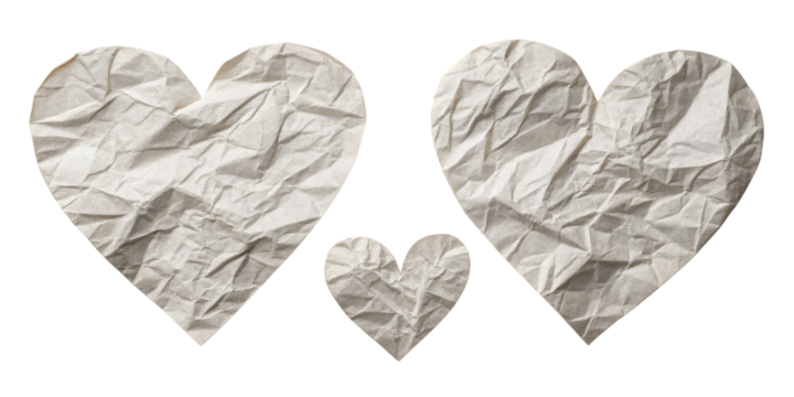 Crumpled paper hearts in various sizes create charming and unique decorative element perfect for expressing love and affection