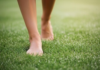 Barefoot walking on green grass with dew drops - close-up