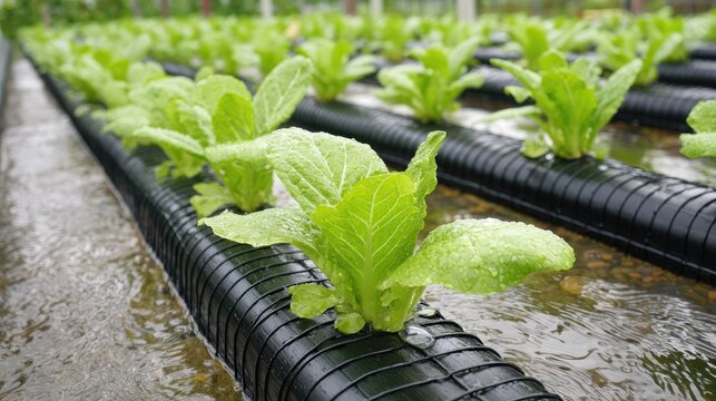 Close-up of hydroponic grow system with leafy vegetables in nutrient solution