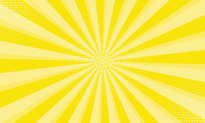 Radiant yellow background. Pop art comic book background. Sunburst yellow background with radial lines and halftone dots. 