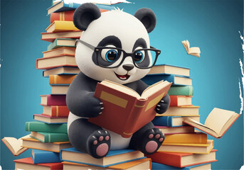 Smart Panda Reading a Book While Sitting on a Colorful Stack of Books © yayan